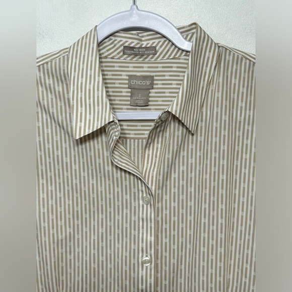 Chicos Coolmax All Season No Iron Sand Jacquard Dot Striped Button Up Sh… - Picture 5 of 13